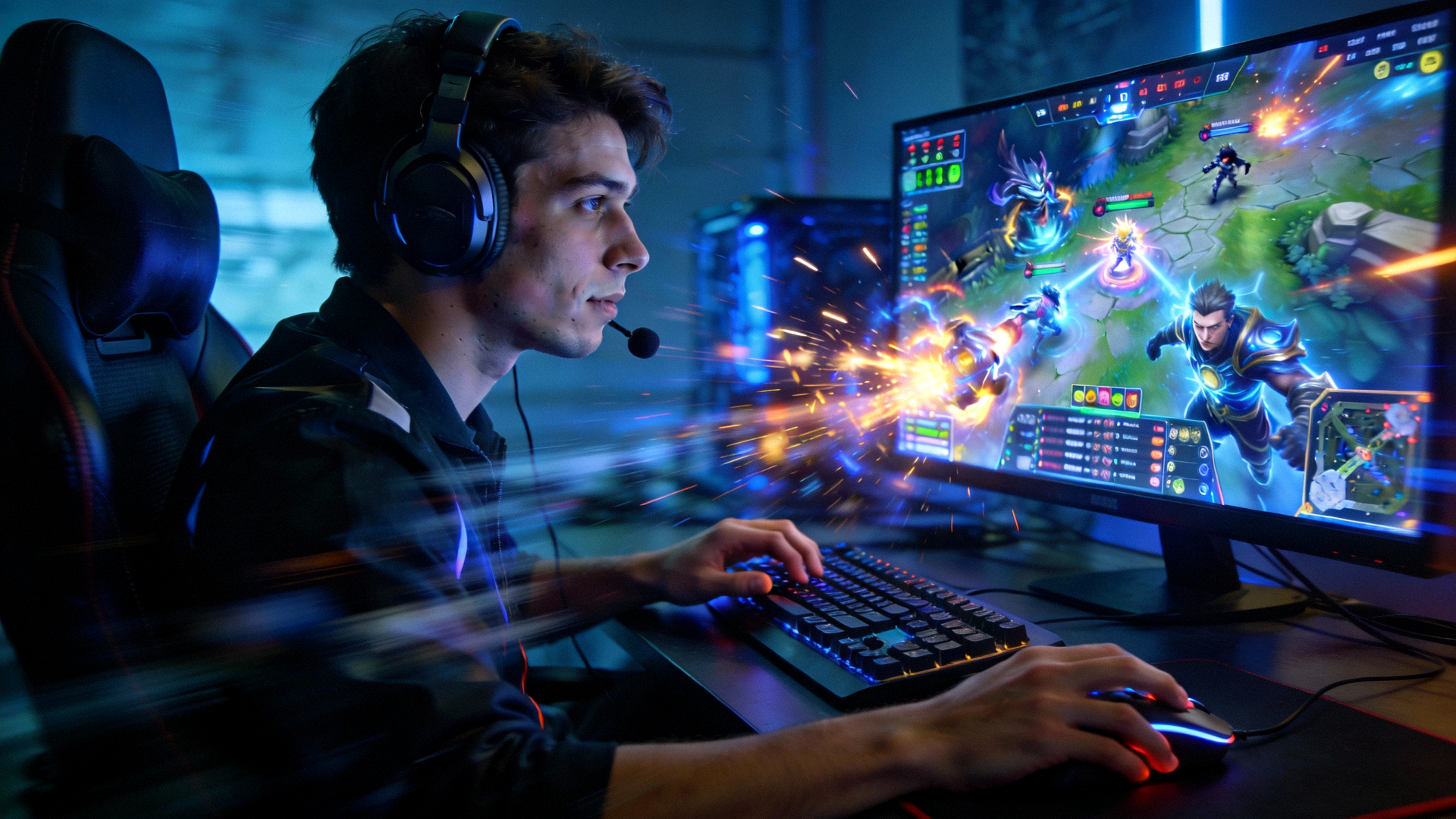 电竞选手在比赛中专注操作，屏幕上显示精彩游戏画面