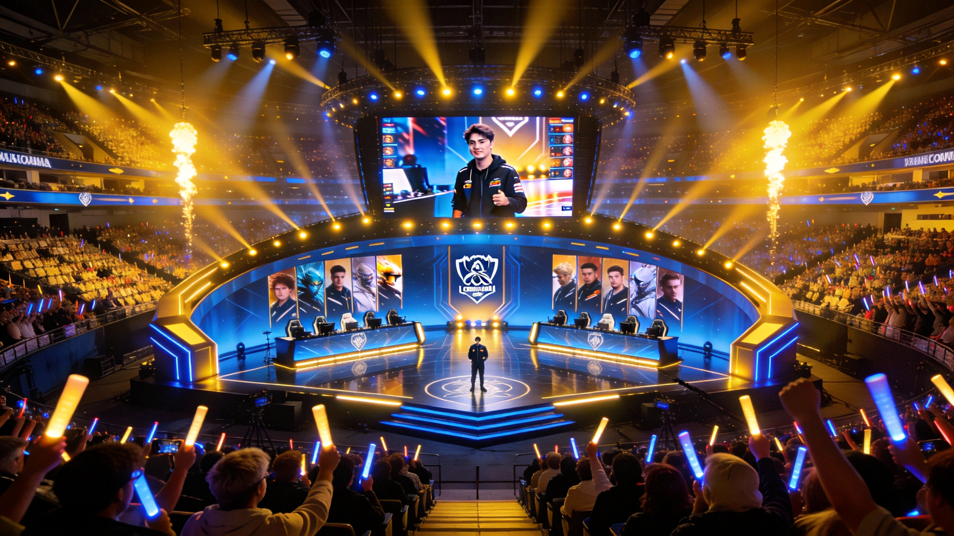 全球总决赛舞台全景，灯光璀璨，观众座无虚席，充满电竞激情