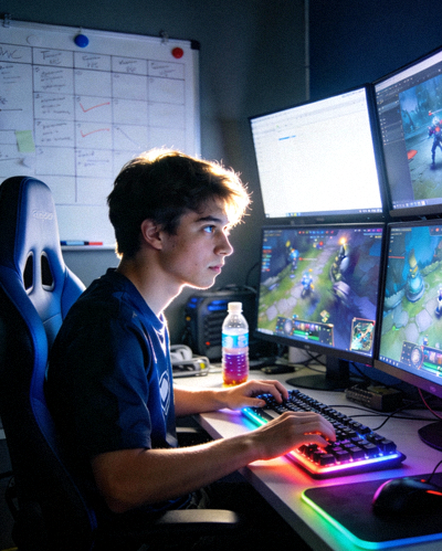 一位年轻电竞选手在训练基地专注练习，眼神坚定